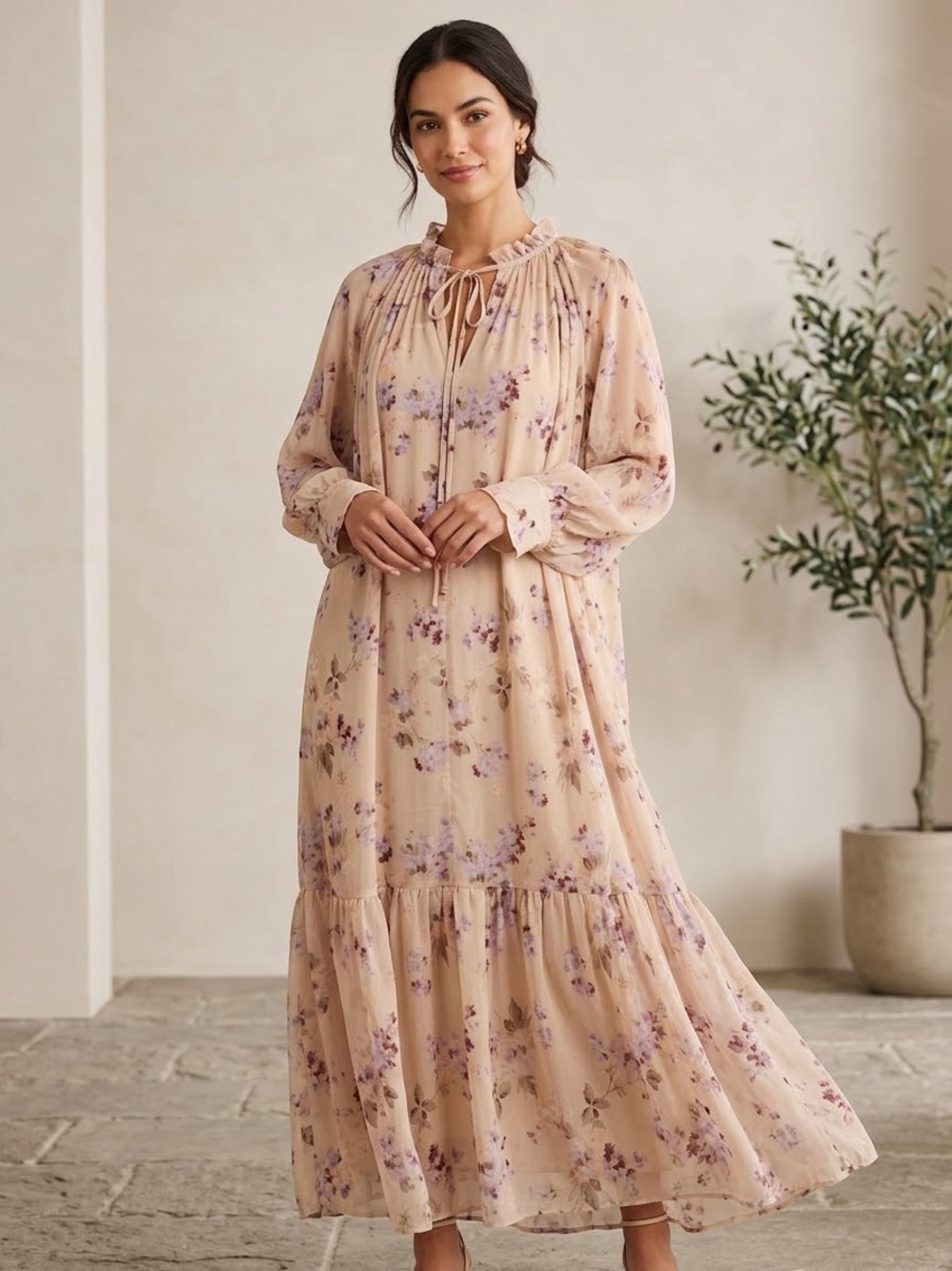 H&M Blush Floral Tie-Neck Maxi Dress